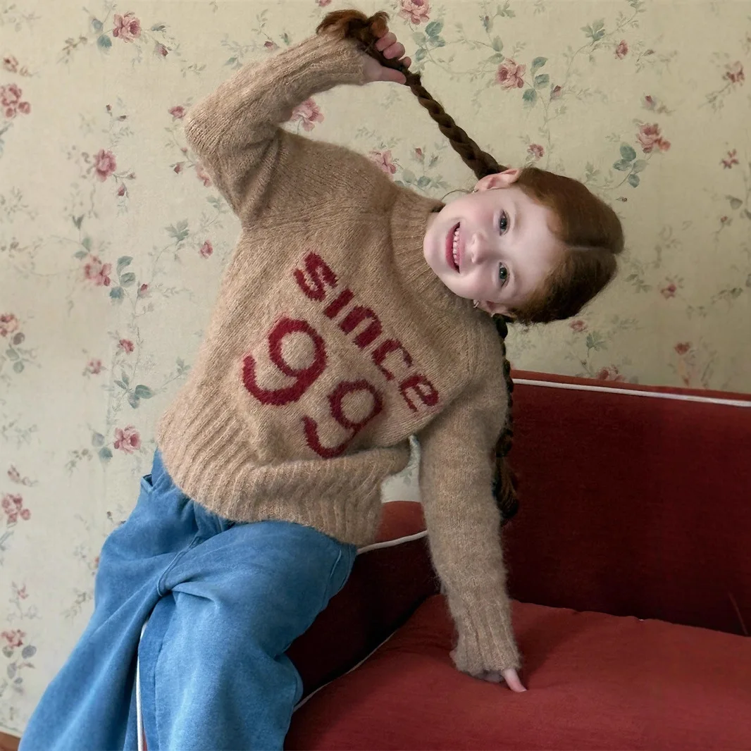 

Children's Girl Sweater Letter Printed Thicken Warm Kids Baby Girls Mohair Knitwear 2025 Winter Versatile Toddler Girl Pullovers