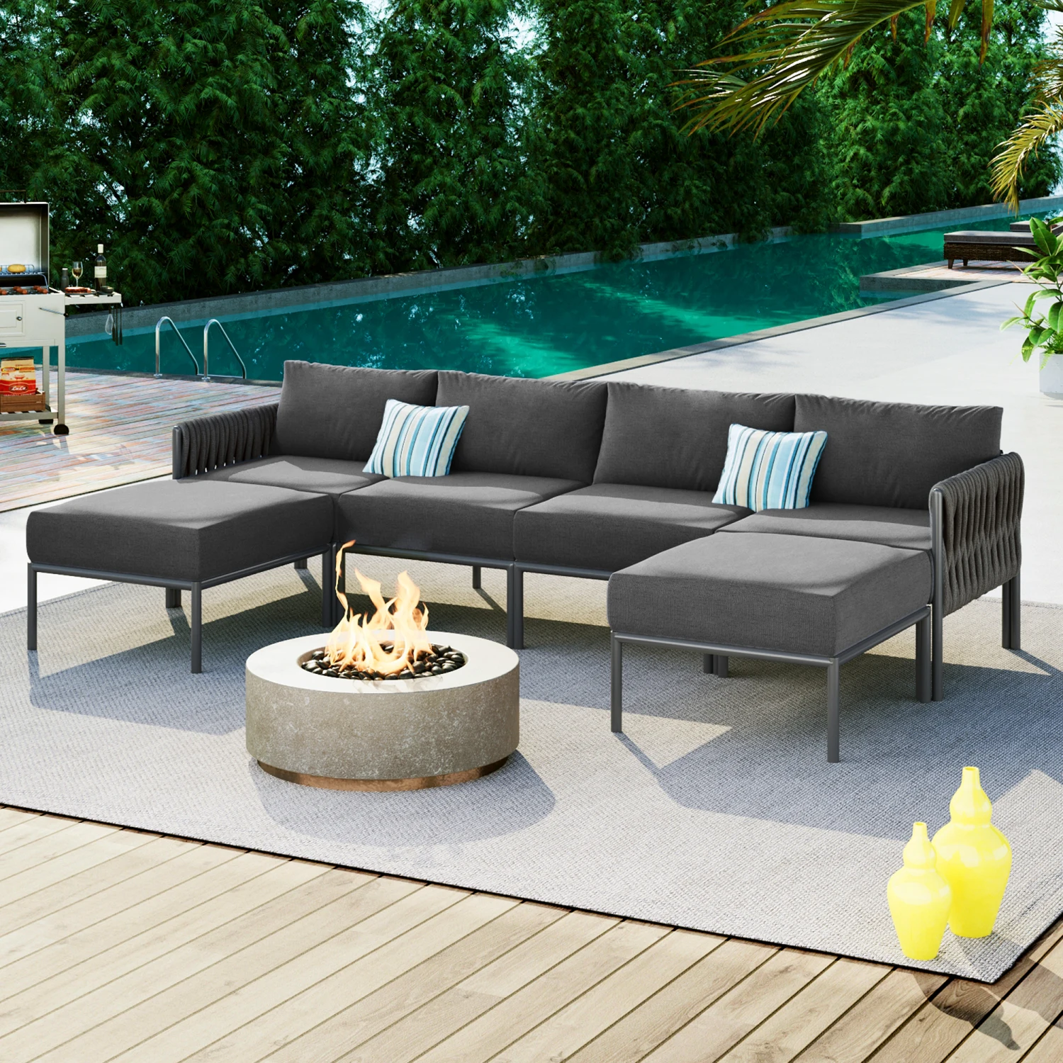 

GO 6-Pieces Aluminum Patio Furniture Set, Modern Metal Outdoor Conversation Set Sectional Sofa With Removable Olefin Extra Thick