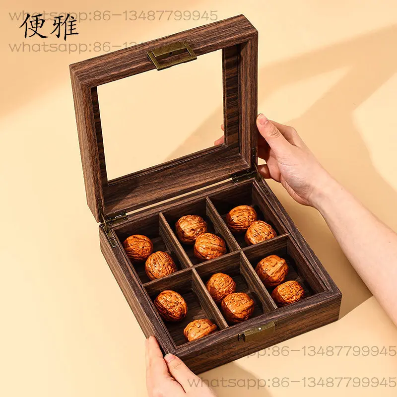 Retro Wood Grain Leather Wenwan Walnut Storage Box Lion Head Walnut Collection Box Buddha Bead Walnut Display Box