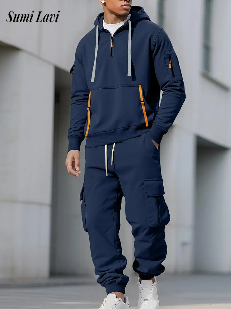 

Vintage Men's Solid Color Tracksuits Fall Winter Daily Casual Hooded Sweatshirts And Cargo Pants Mens Two Piece Sets Outfits