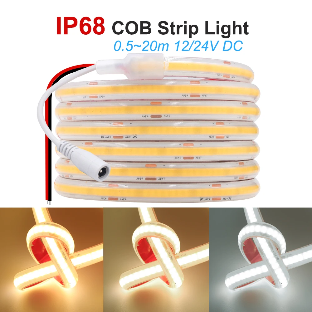 Waterproof IP68 COB LED Strip Light DC 12V/24V CRI90 Flexible Led Tape 320Leds/m Silicone Tube High Density Liner Lighting Lamp