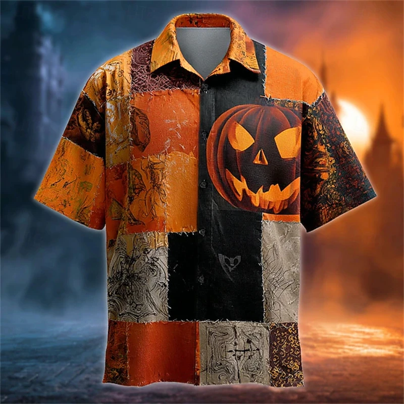 

New Men's Halloween Pumpkin Short-sleeved Shirt Retro Halloween Party Costume Men's Casual Button Shirt Festival Event Costume