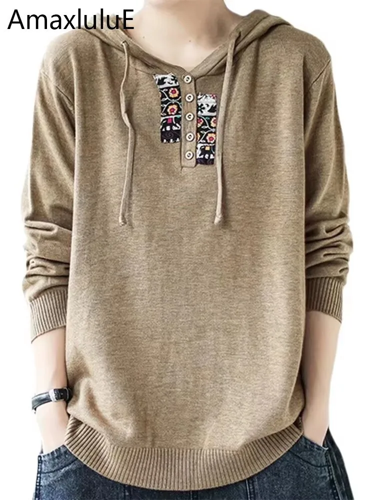 

Amax luluE 2025 Hooded Pullovers Women Loose Japan Style Buttons Knitted Sweater Vintage Female New Autumn Fashion Retro Jumpers