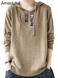 Amax luluE 2025 Hooded Pullovers Women Loose Japan Style Buttons Knitted Sweater Vintage Female New Autumn Fashion Retro Jumpers