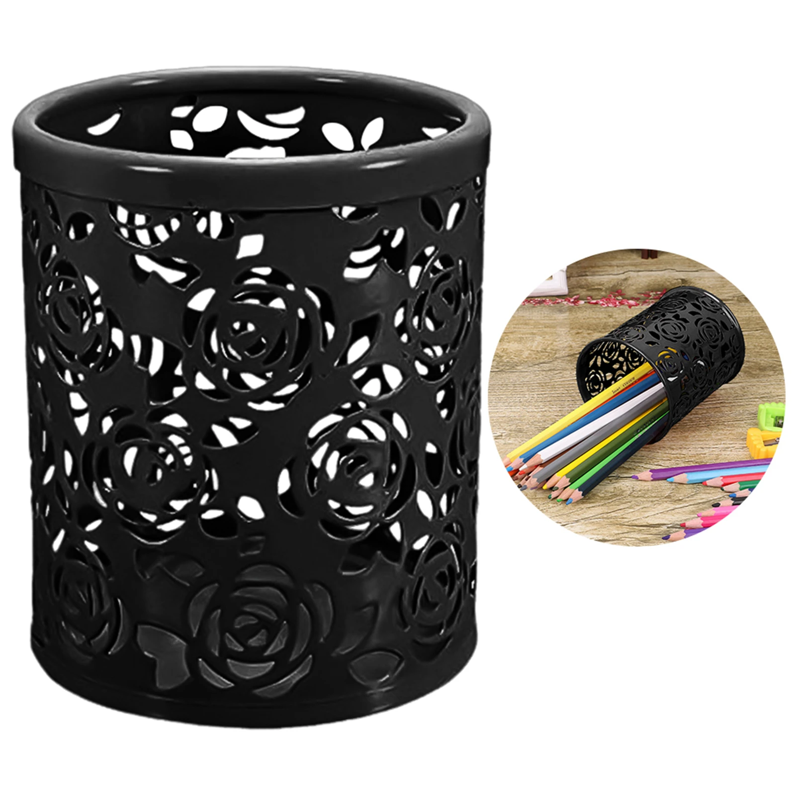 Metal Round Hollow Pencil Pen Holder Roses Flower Cutout Wear Resistant Pencil Cup Desk Organizer For Students Teachers Office