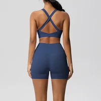 Back view of crossover sports bra and shorts