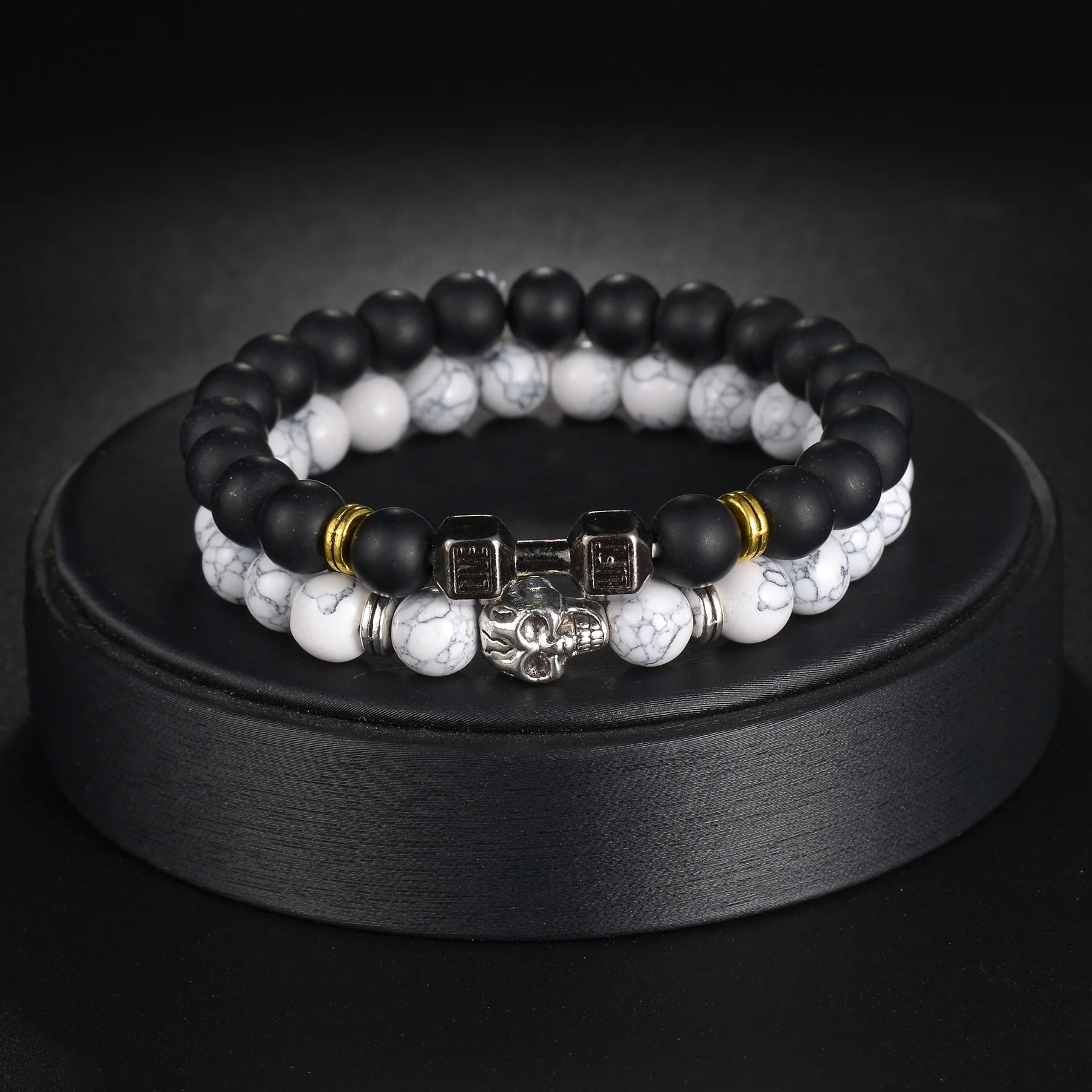 Gothic Skull Bracelet For Men Women Natural Stone Beads Bracelets barbell Boy Biker Cool Wristband Gift kpop