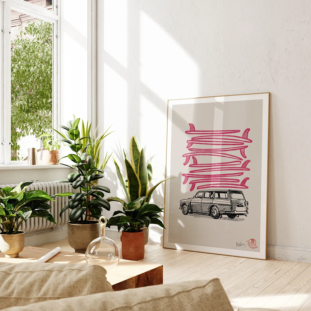 Trippy Collage Surfing Wall Art Canvas Painting Vintage Beach Abstract Poster Prints Surf Wagon Picture for Bed Room Decor