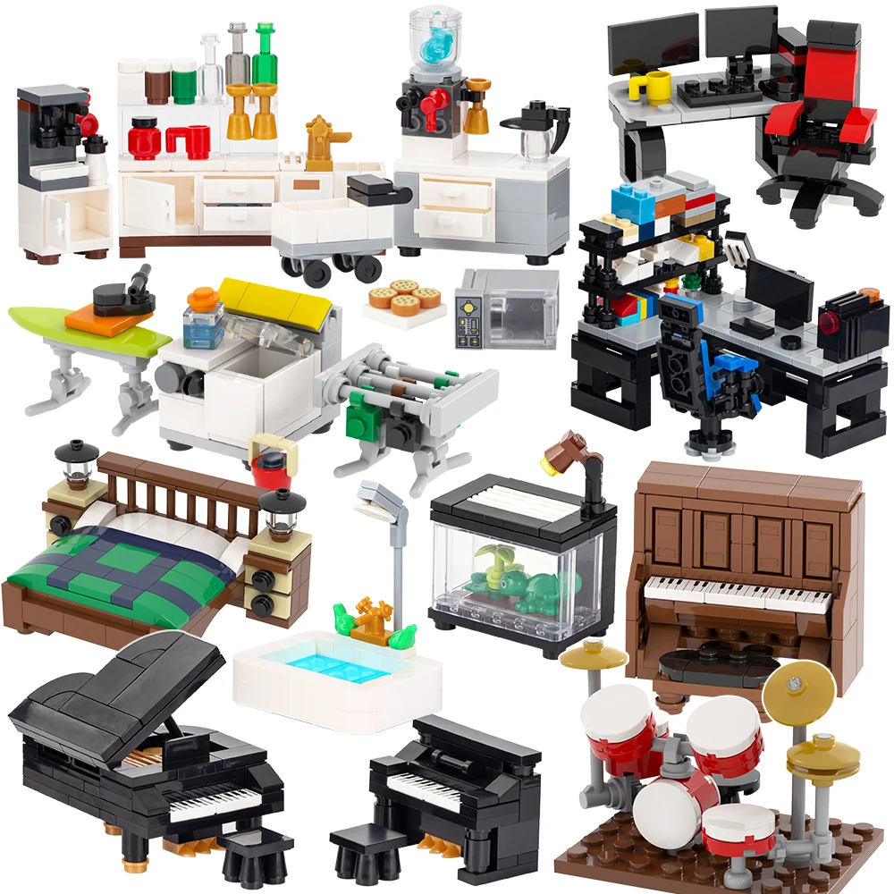 City Action Figures Furniture Set Toys Model MOC Bricks Baby Stroller Table Sofa Bed Piano Kitchen Bathroom Building Blocks Gift