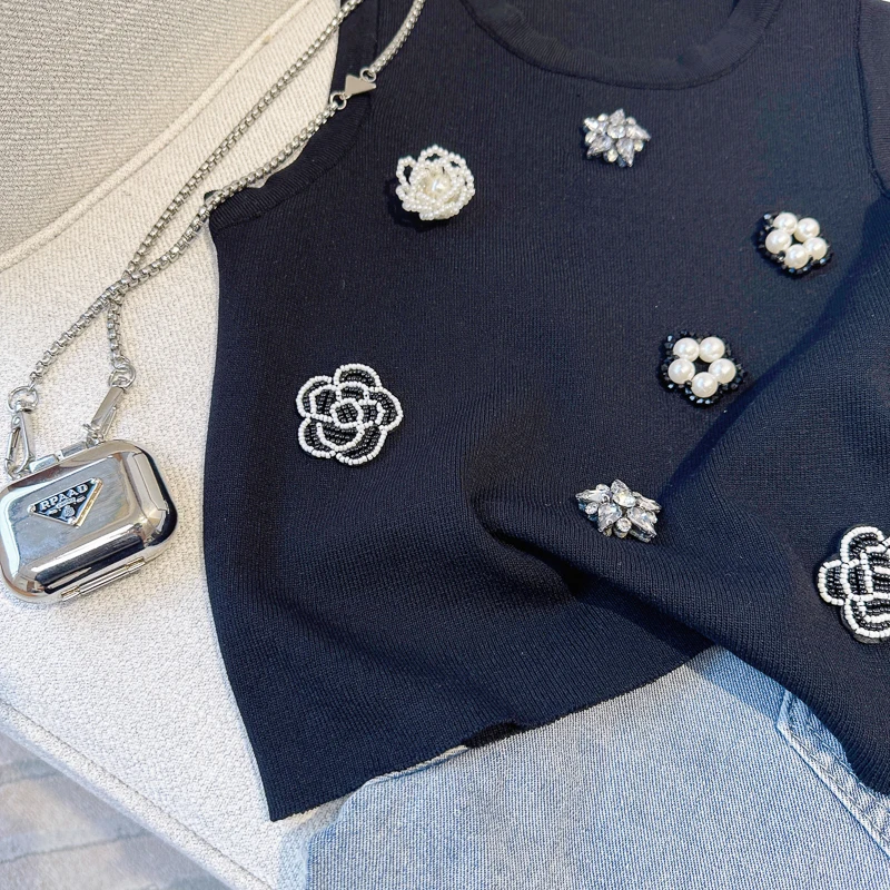 Camelia Beading Slim Knit Vests Women Crop Tops 2023 Summer Sleeveless O-neck Knitwear Pullover Elegant Vintage Stylish Vests