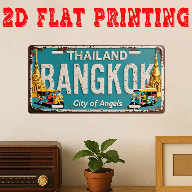 2D Flat 1pc Vintage Metal  Sign, Bangkok City, Retro Wall Art for Temples, Angel City Thai Home Decor, Exotic Café Decoration