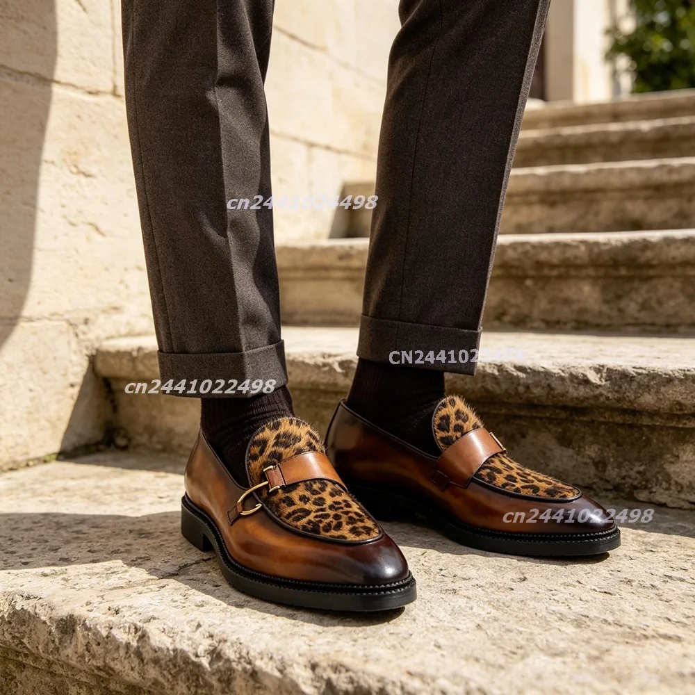 Men's Black Brown Leopard Print Patchwork Loafers Patent Leather Metal Buckle Decor Slip On Formal Shoes Elegant Office Footwear