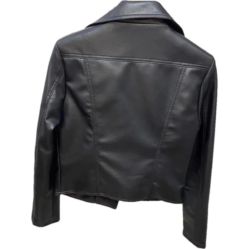 Autumn New Women Korean Slim Short Faux PU Leather Jacket Beige Black Turndown Collar Long Sleeve Female Biker Jacket Streetwear