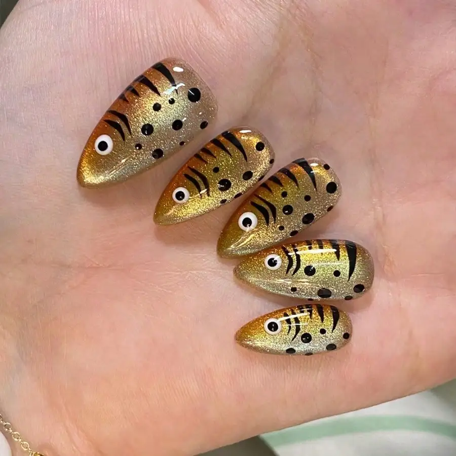 

24 шт. накладных ногтей с эффектом кошачьего глаза, золотисто-коричневые, металлические, многоразовые, с клеем-желе для женщин и девушек, для повседневного использования и вечеринок