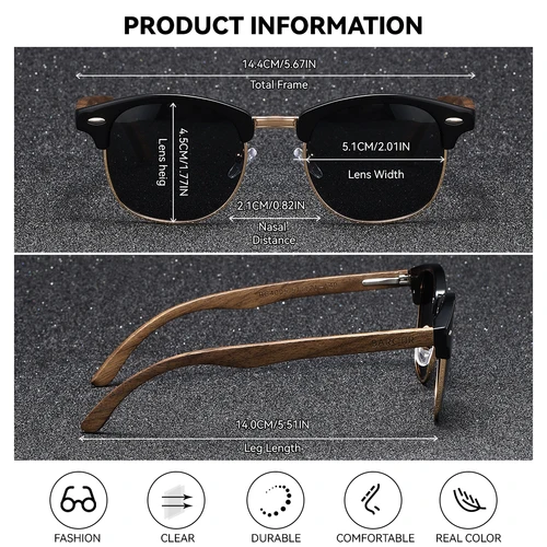 Imagen 2 del producto Marca BARCUR, gafas de sol polarizadas con cejas únicas, PC + marco de Metal, diseño de moda de uñas de arroz, gafas de sol de pareja de pies de nogal Natural