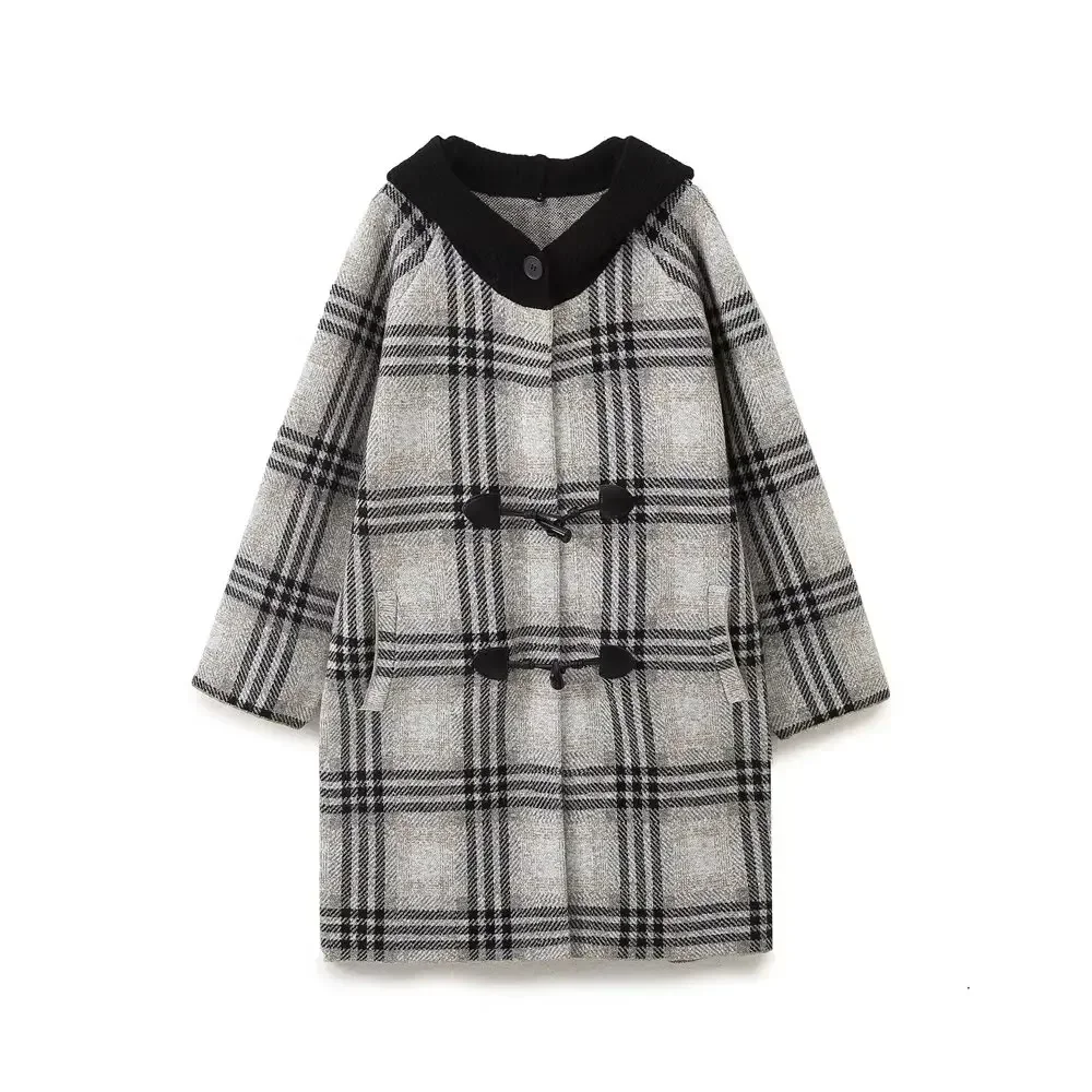 Women's 2024 new fashion loose single breasted casual plaid hooded knitted coat retro long sleeved pocket women's coat