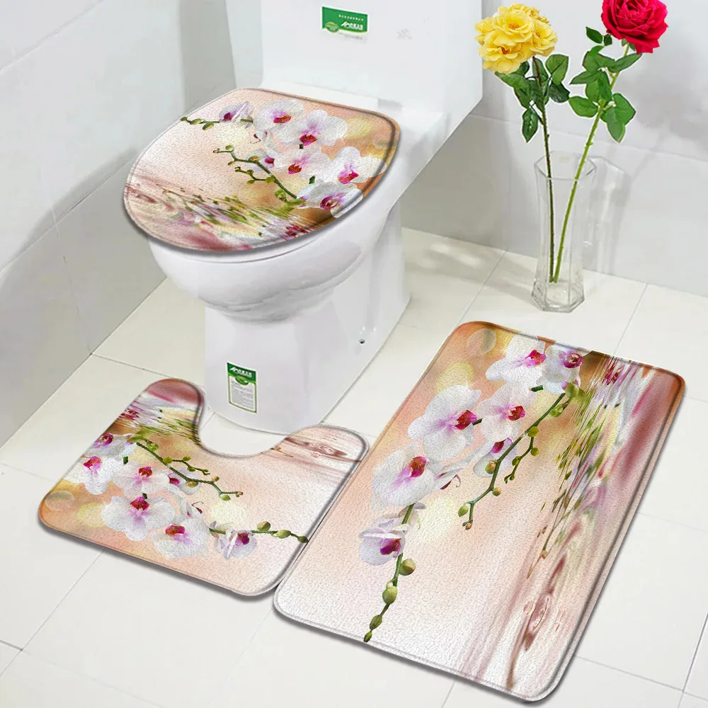 Rustic Butterfly Flowers Bath Mat Set White Orchid Pink Rose Spring Nature Floral Plant Bathroom Decor Non-slip Rug Toilet Cover