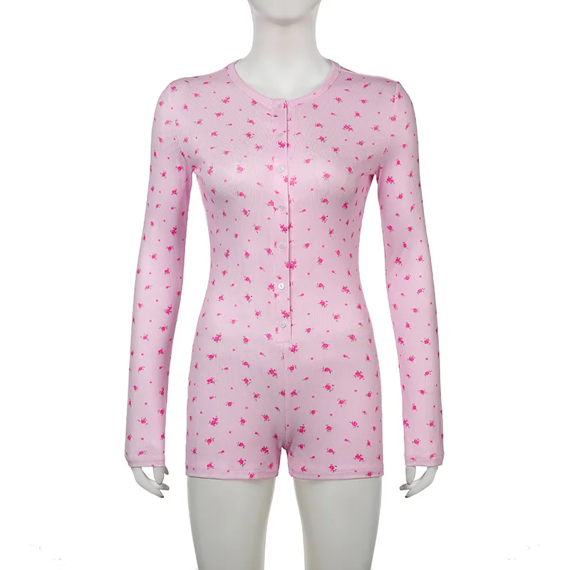 

Модные милые женские комбинезоны с цветочным принтом, обычные длинные рукава с круглым вырезом и круглым вырезом, облегающие пуговицы, повседневная одежда для сна, женские комбинезоны
