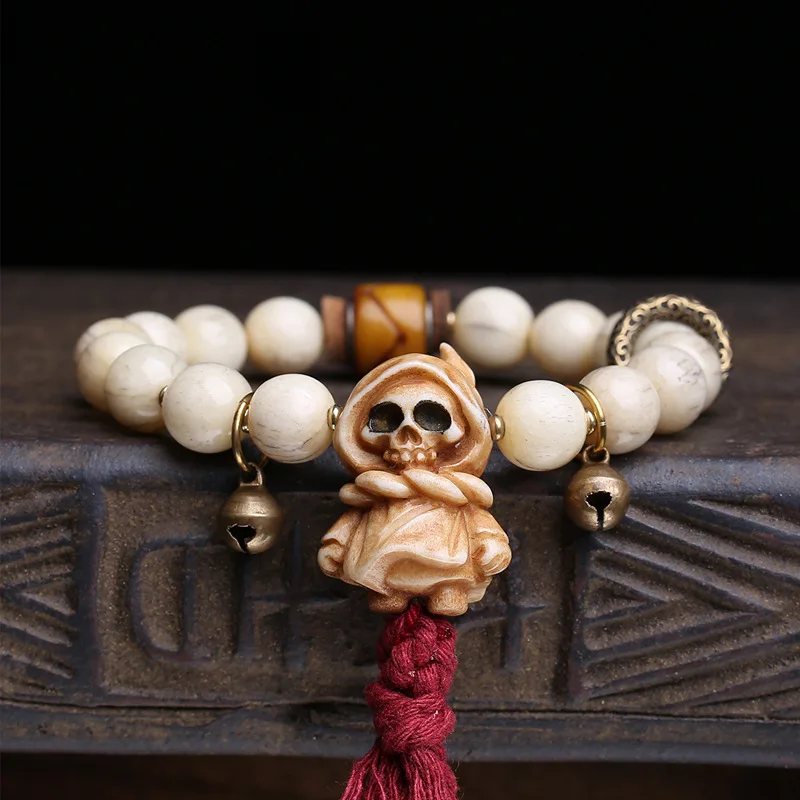 Single-Loop Bracelet With Antler Root, Three-Way Connector, Yak Bone Inlaid Bead, Copper Ring, And Bell Accessor