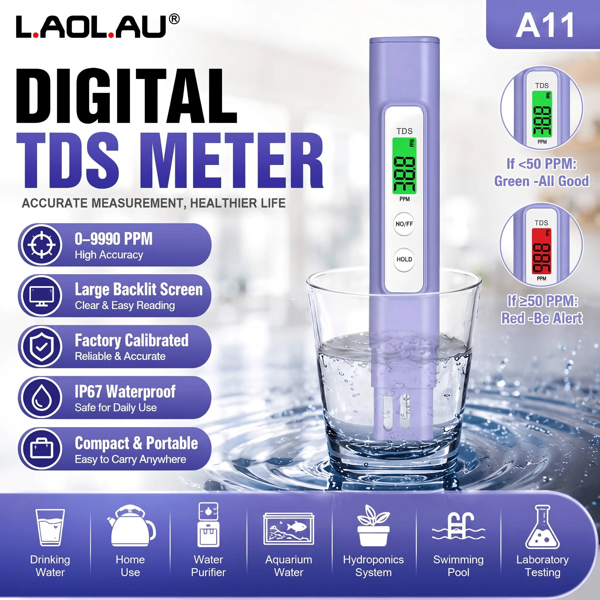 A11 TDS Water Quality Tester 0-9990 PPM Instant Read Digital Meter with Color-Coded Alerts, Value Lock, Auto Backlight & Shutdow