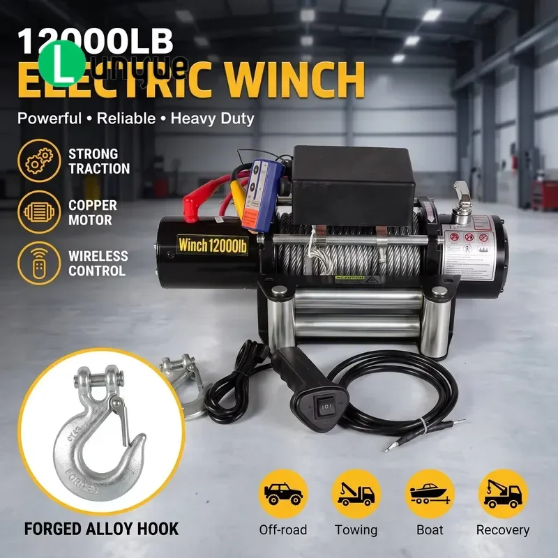 12000Lb Electric Winch 12V Stainless Steel Wire Rope for Automotive Truck SUV Off Road Recovery Heavy Duty Waterproof