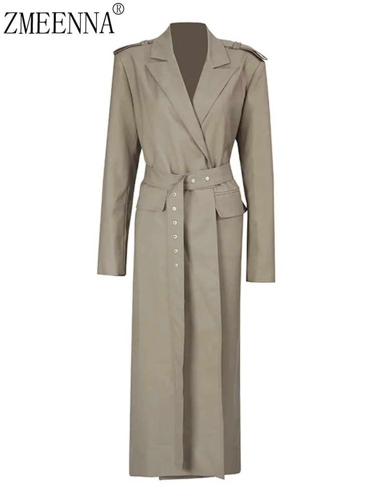 

ZMEENNA Women's Long Trench Coat Elegant Spring Fall Jacket Chic Outerwear Belted Overcoat With Pockets ZM3749