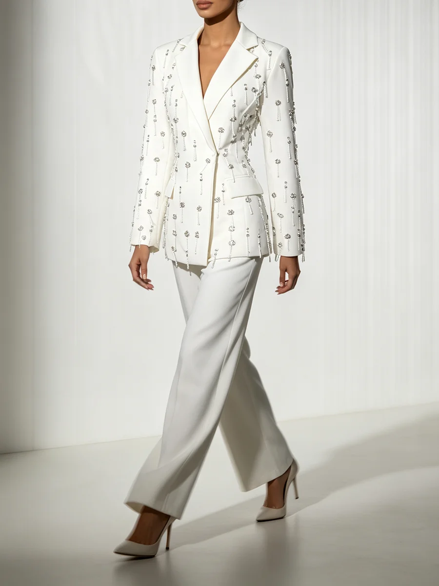 TWOTWINSTYLE Luxury Glam 2 Piece Outfits for Women Rhinestone Beaded Lapel Long Sleeve Blazer Wide Leg Pants Suits for Formal