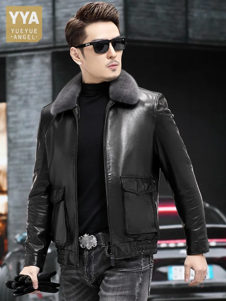 Winter Men Warm Genuine Leather Down Jacket Mink Fur Collar Goatskin Business Casual Work Coat Fashion Motorcycle Biker Jacket