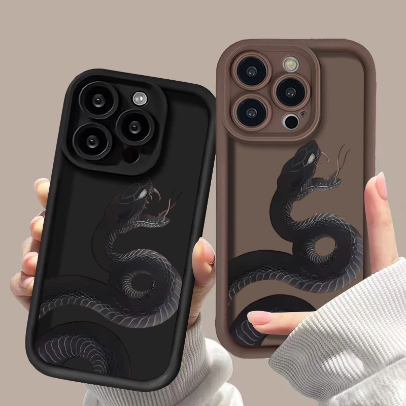 Cute Doodle Funny Snake Case for IPhone 11 12 13 14 15 Pro Max XS XR X 8 7 Plus SE2 IPones 14Pro 15Pro Matte Soft Silicone Cover