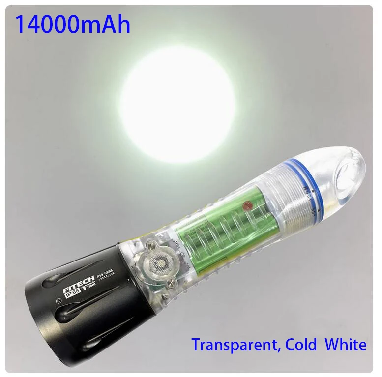 Фонарь для подводного плавания Fitech F13 с встроенным аккумулятором на 14000 мАч, временем работы до 16 часов, перезаряжаемый, 1000 люмен, водонепроницаемый светодиодный фонарь.