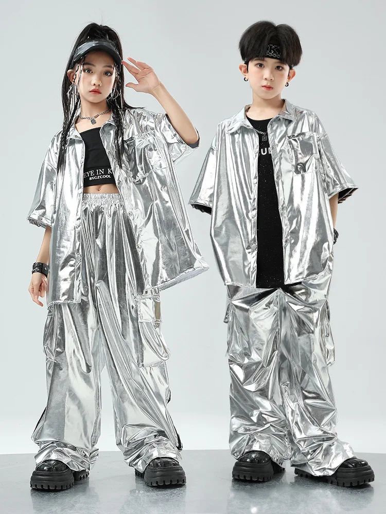 Jungen Hip Hop Silber Jacke Street Dance Cargo Hosen Mädchen Pailletten Coole Streetwear Kinder Jazz Kleidung Sets Kinder Glänzende Kostüme