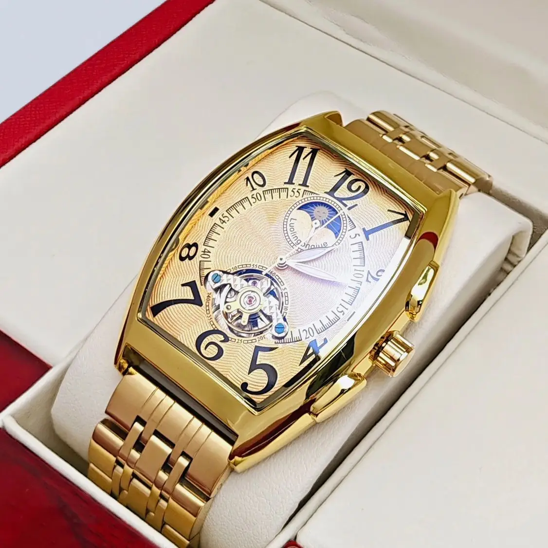Top-Tier Luxury Barrel-Shaped Business Men's Mechanical Watch, Automatic Winding, Skeleton Design, Stainless Steel Strap, European and American Style Light Luxury High-End Fashion Casual Versatile Personality Social Young Men's Watch, the Best Gift for Him