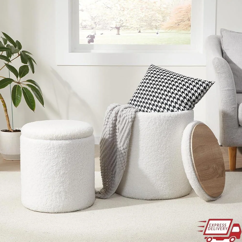 

Round Storage Ottoman Set of 2 Foot Stool Vanity Stool Home Living Room Coffee Table Convenient Space Saving Design