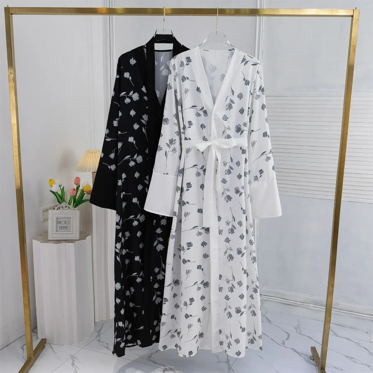 

Muslim Printed Floral Open Front Abaya with Belt Women Long Sleeve Maxi Length Dress Women's Clothing Kaftans Women Jilbabs