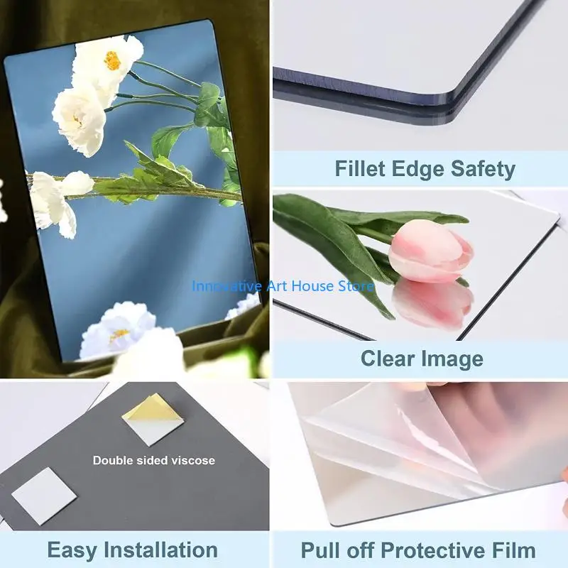 E1PC 4pcs Acrylic Mirror Sheets Flexible Non Glass Mirror Tiles with 16pcs Adhesive Stickers for Home Livingroon Decoration