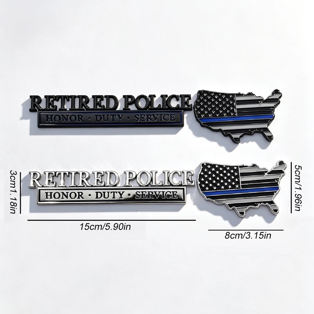 1PC Retired Police Honor Duty Car Metal Emblem,3D Raised Letter Vehicle Emblem Thin Blue Line US Map Adhesive Patriot Auto Decal