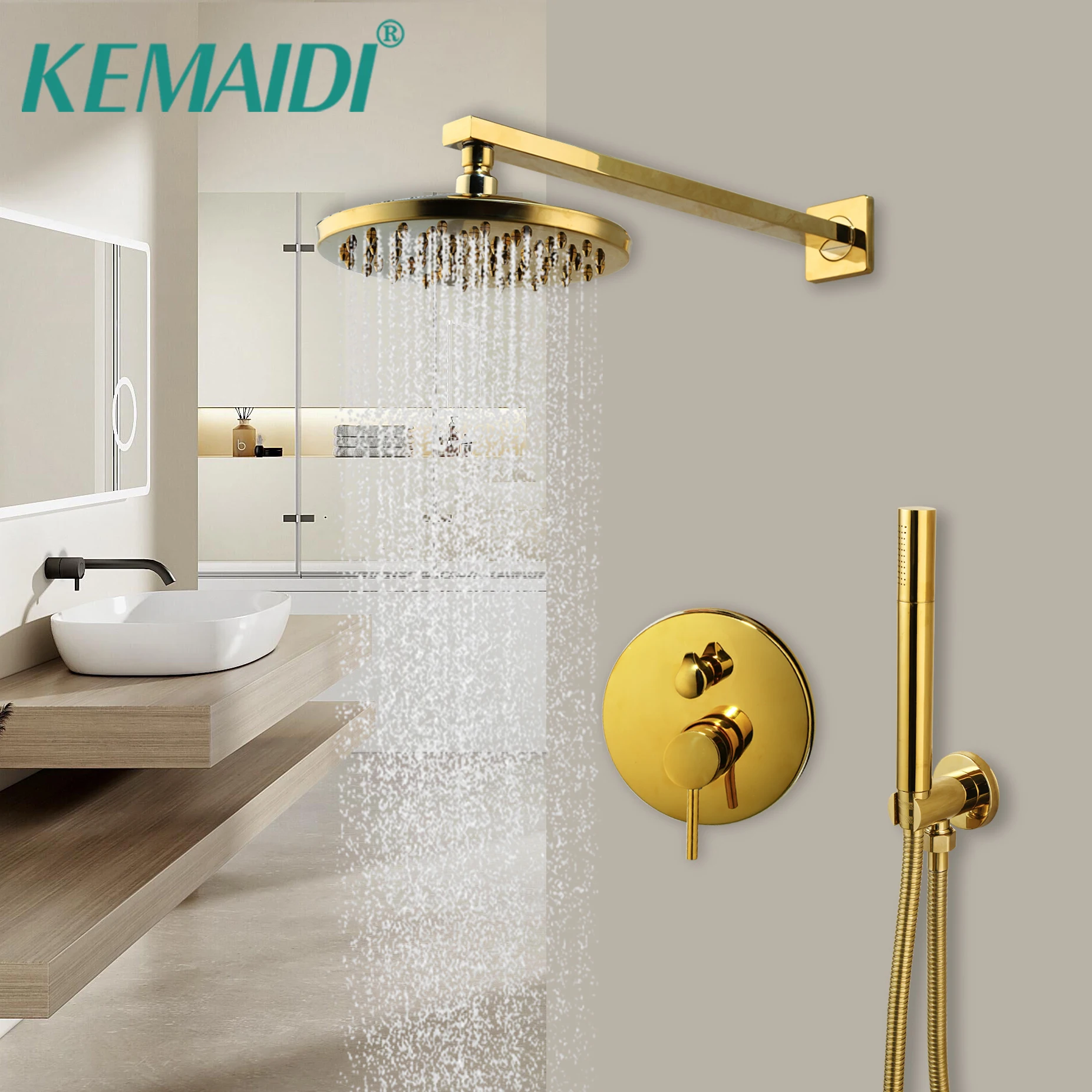 

KEMAIDI Golden Bathroom Shower Faucet Set Wall Mounted Shower Systerm with Handheld Sprayer Concealed Install Mixer Brass