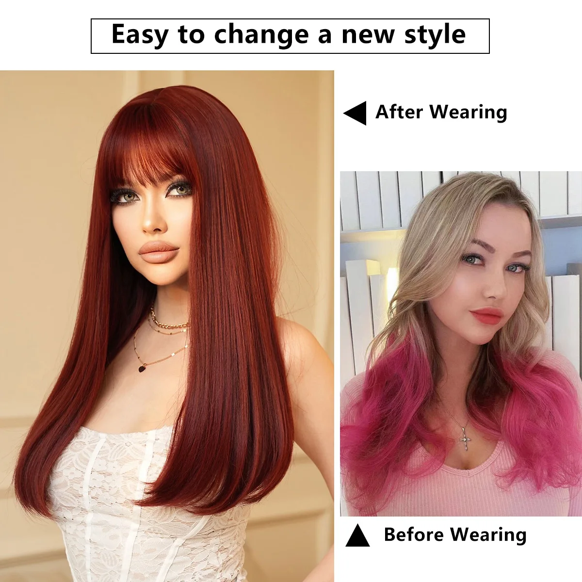 Retro Red Long Straight Hair Inner Button Chemical Fiber High Temperature Silk Hot Red wigs