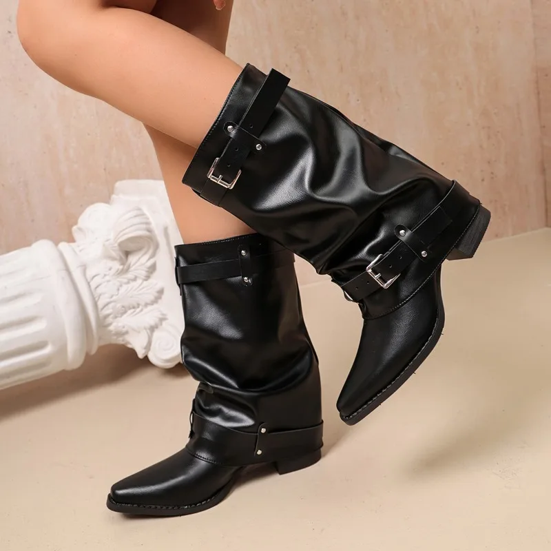 Winter French Retro Fashion Pointed-Toe Style Short Boots with Thick Heels and Mid-Calf Length, Large Size Women's Boots 2026