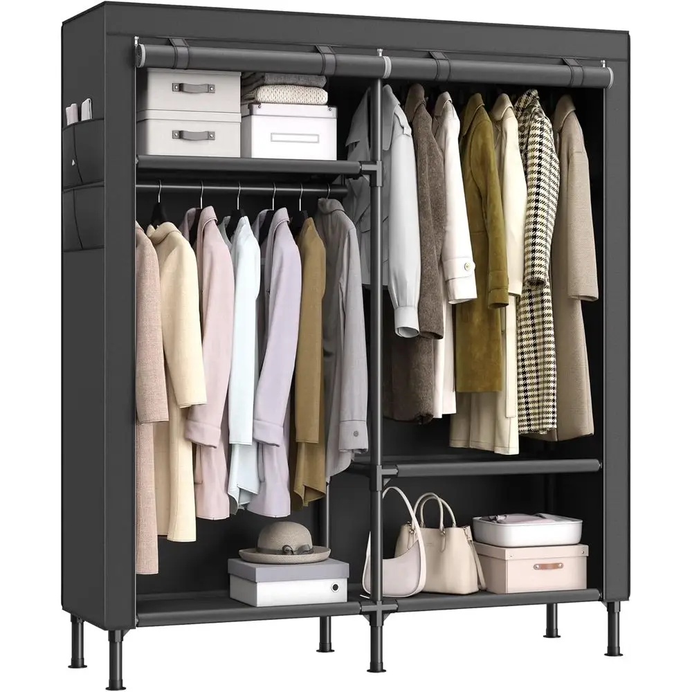 

65-дюймовый прочный портативный органайзер для гардероба с чехлом, 2 штангами, 3 полками, 4 боковыми карманами, черный