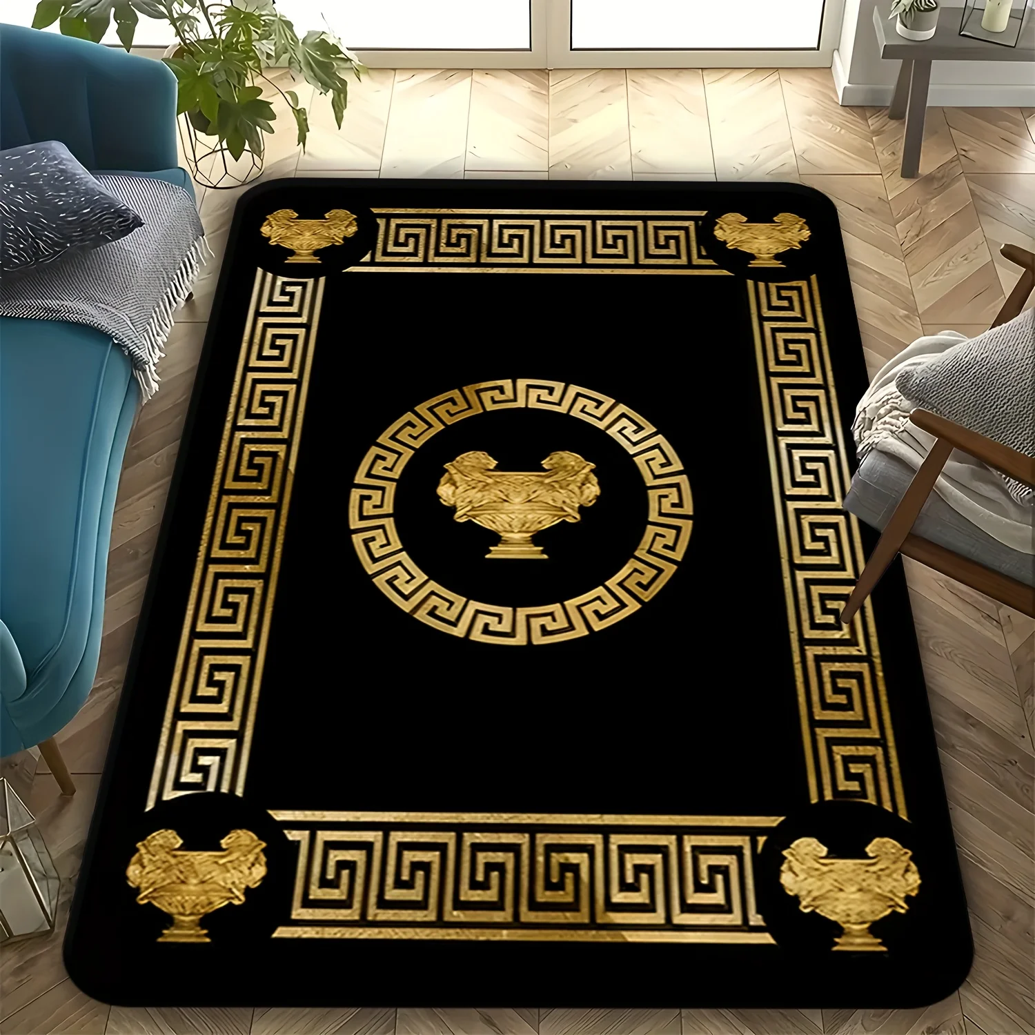 Luxury Greek Key Print Flannel Area Rug Golden Medallion Design Black Background Soft Non Slip Floor Mat For Living Room Home