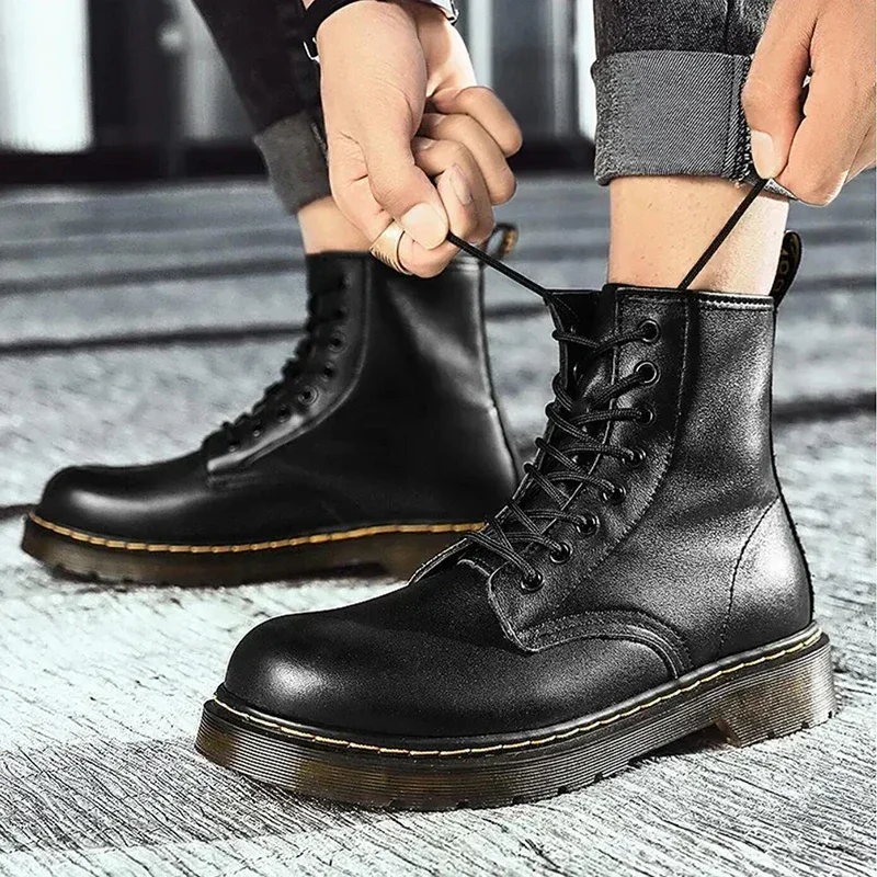 Botas de exterior de cuero genuino para hombre, botas clásicas de seis agujeros, botines cortos de montar de estilo británico a la moda, talla 35-48
