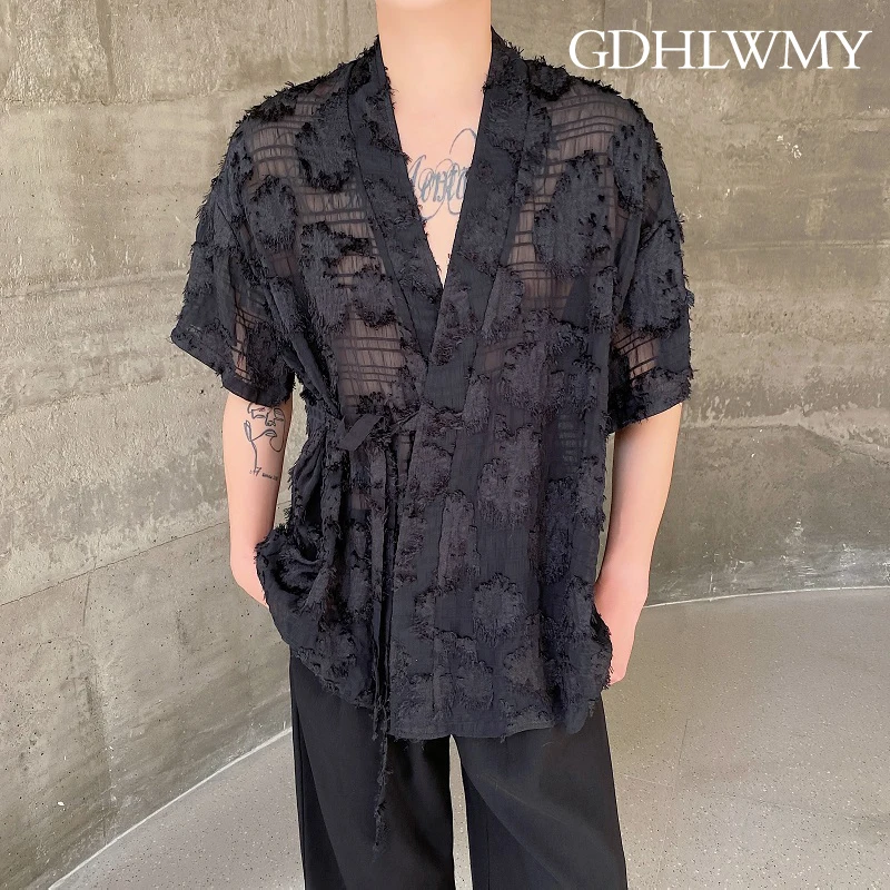 

GDHLWMY Summer new Chinese style lace up design for men and women, Zen inspired chiffon casual loose short sleeved shirt