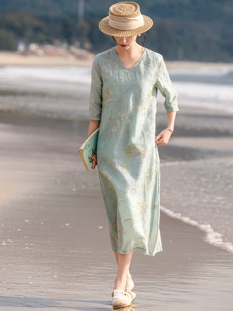 

High Quality Ramie Embroidery Long Dress Women New Arrival 2026 Summer Vintage V-neck Loose Female Casual Vacation Dresses M2618
