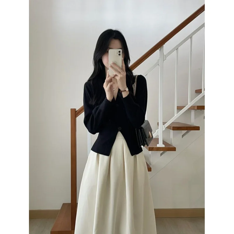 French Style Black Top Half Skirt Two Piece Set Women\'s Spring Autumn New Fashion Temperament Commuting Set Skirt Long Sleeve