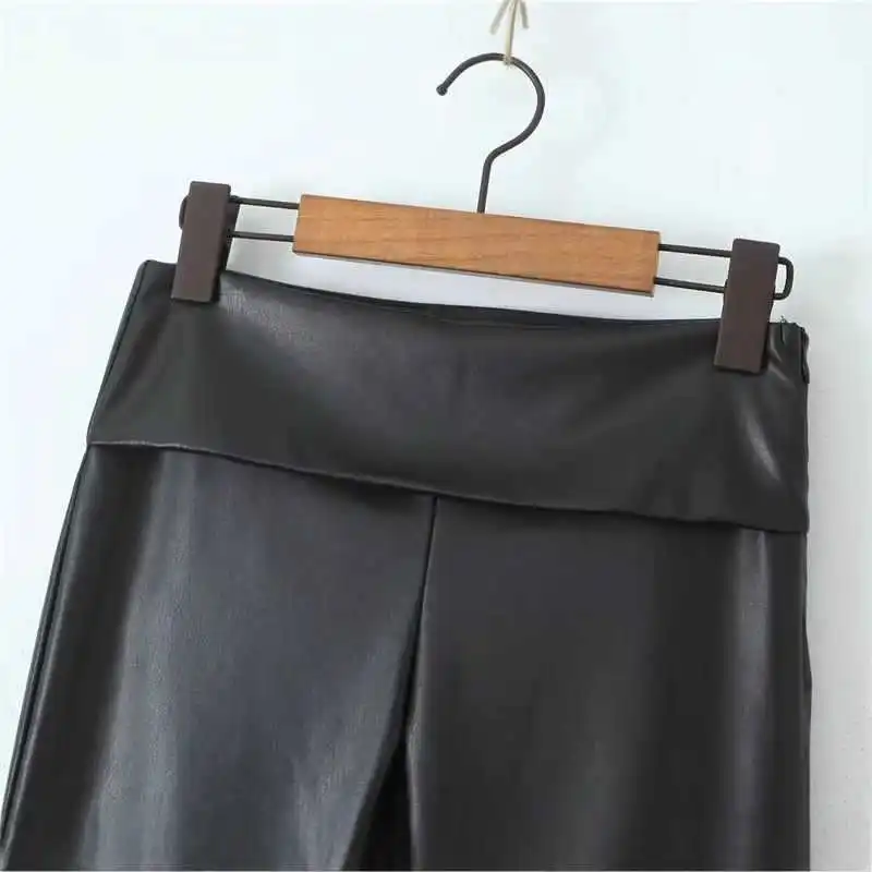 Pantalones de cuero con parte inferior de campana larga para mujer, pantalón informal, de cintura baja, a la moda, estilo europeo, combina con todo, de pierna ancha