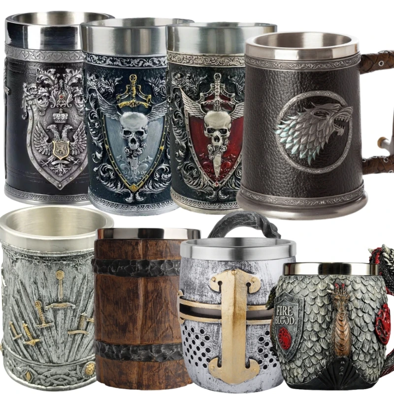Norse Mythology Beer Mugs World Tree Viking Warrior Oak Barrel Empire Resin Stein Tankard Stainless Steel Water Mug Coffee Cup