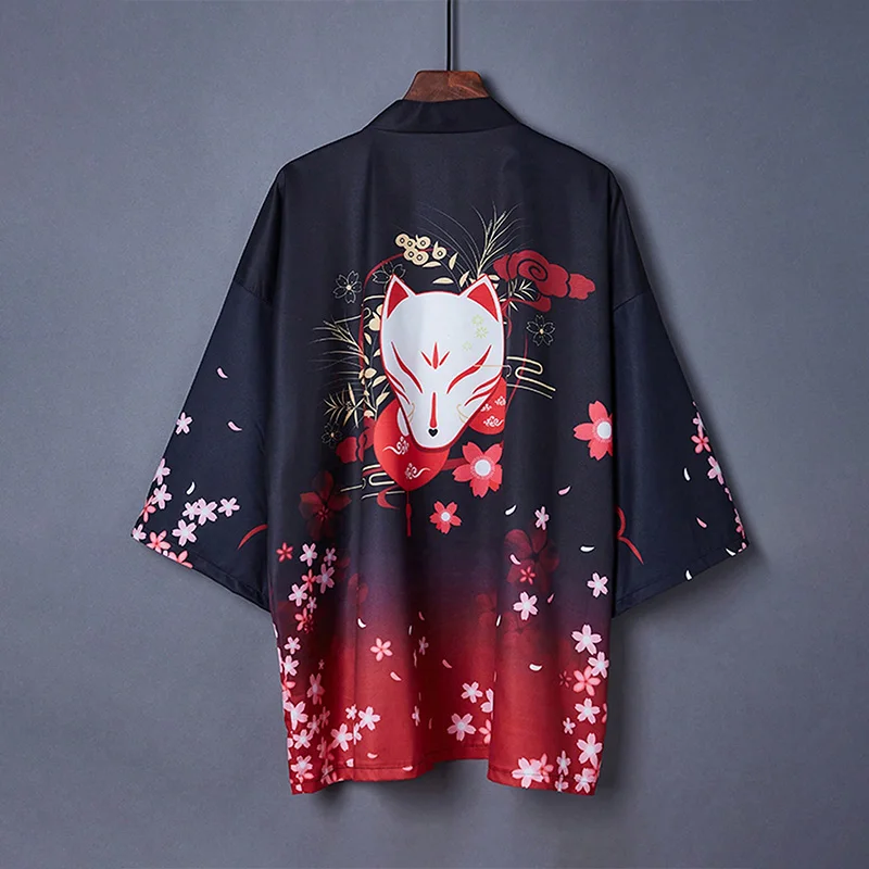 

Japanese Retro Loose-Fitting Versatile Three-Quarter Sleeve Cherry Blossom White Fox Kimono Cardigan Haori Summer Street Style Unique Beach Vacation Cover-Up Thin Jacket