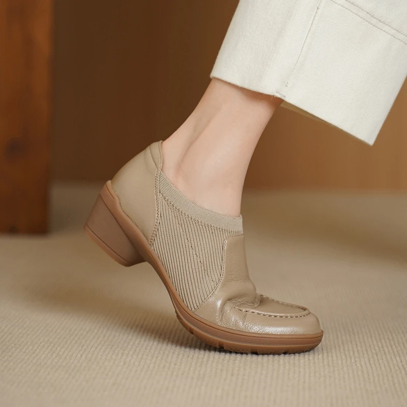 2026 New Autumn Sheepskin Women Shoes Round Toe Women Pumps High Heels Slip-on Loafers Shoes for Women Casual Knitted Shoes