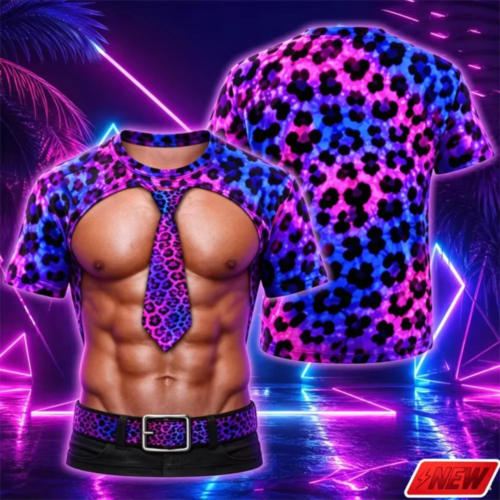 Men Leopard 3D Fake Abdominal Muscle Skin Print T Shirt  Loose large size Rave Club Party Cosplay Costume Nightclub Stage Outfit